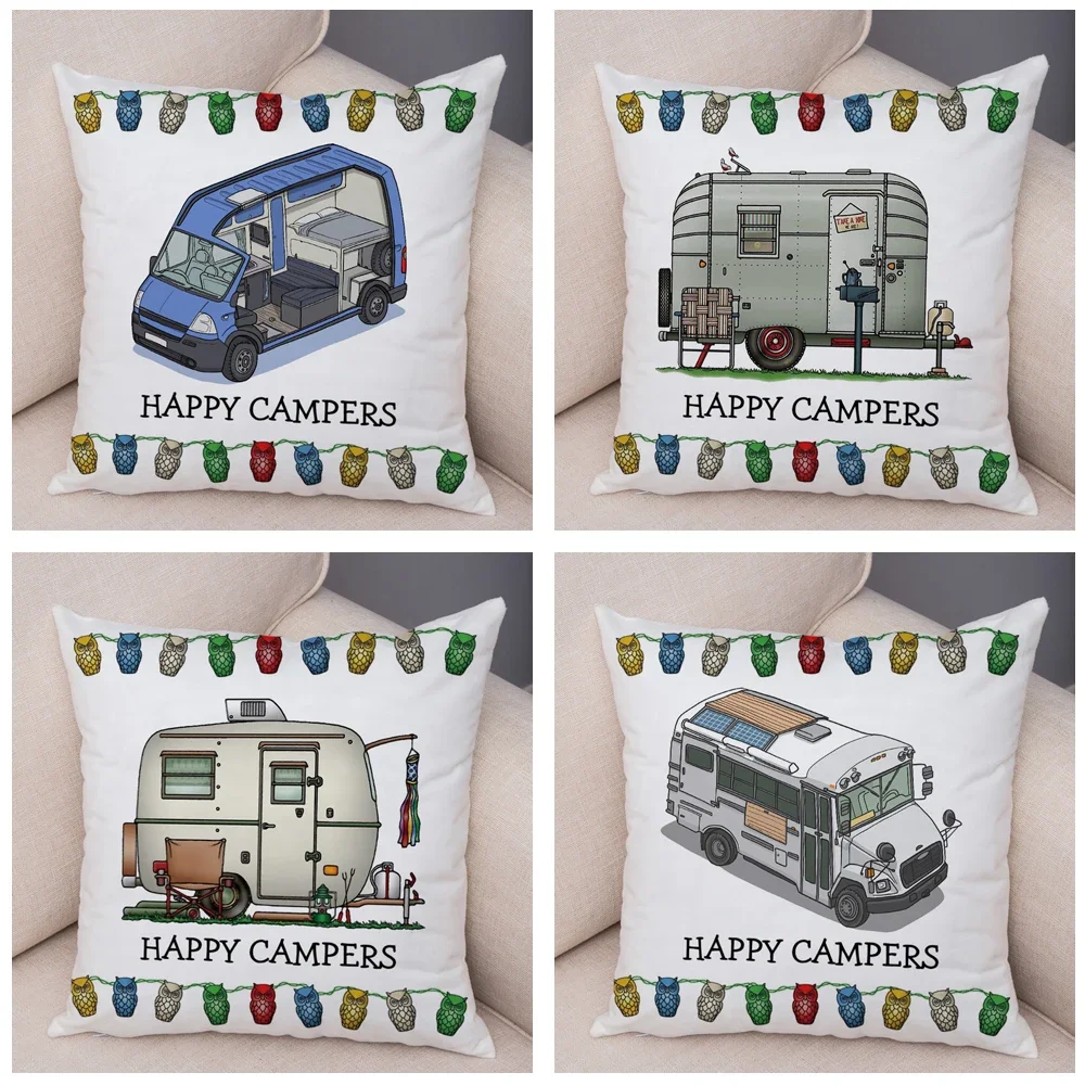 Both Sides Cartoon House Travel Car Cushion Cover Pillow Case Decor Happy Camper Van Life Soft Plush Pillowcase for Sofa Home