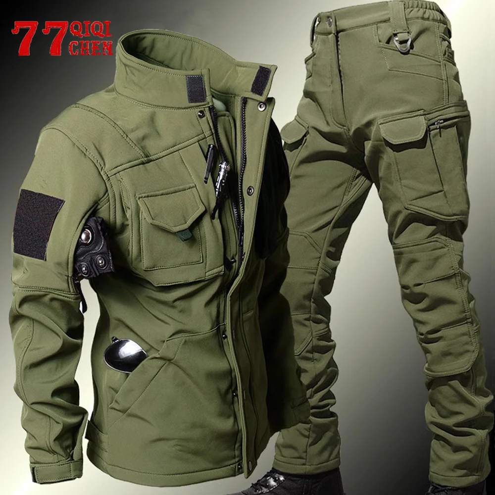 Winter Mens Tactical Sets Fleece Shark Skin Waterproof Military Suit Male Soft Shell Multi-pocket Windproof Outwear Cargo Pants