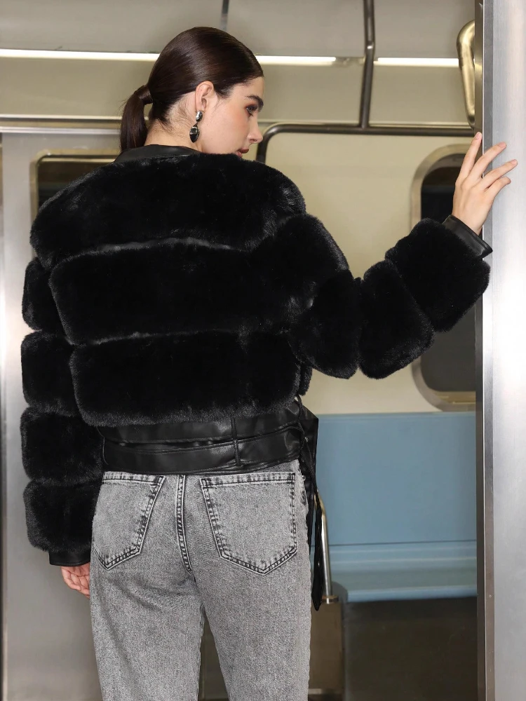 Notched Collar Faux Fur Coat Zipper Short Black Plush Coat Warm Thick Leather and Fur Faux Fox Furry Jacket Fluffy Luxury Street