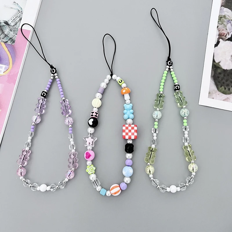Cordão de celular vintage artesanal para mulher, charme bonito, pulseira de pulso chaveiro pingente de urso cogumelo para menina, presente