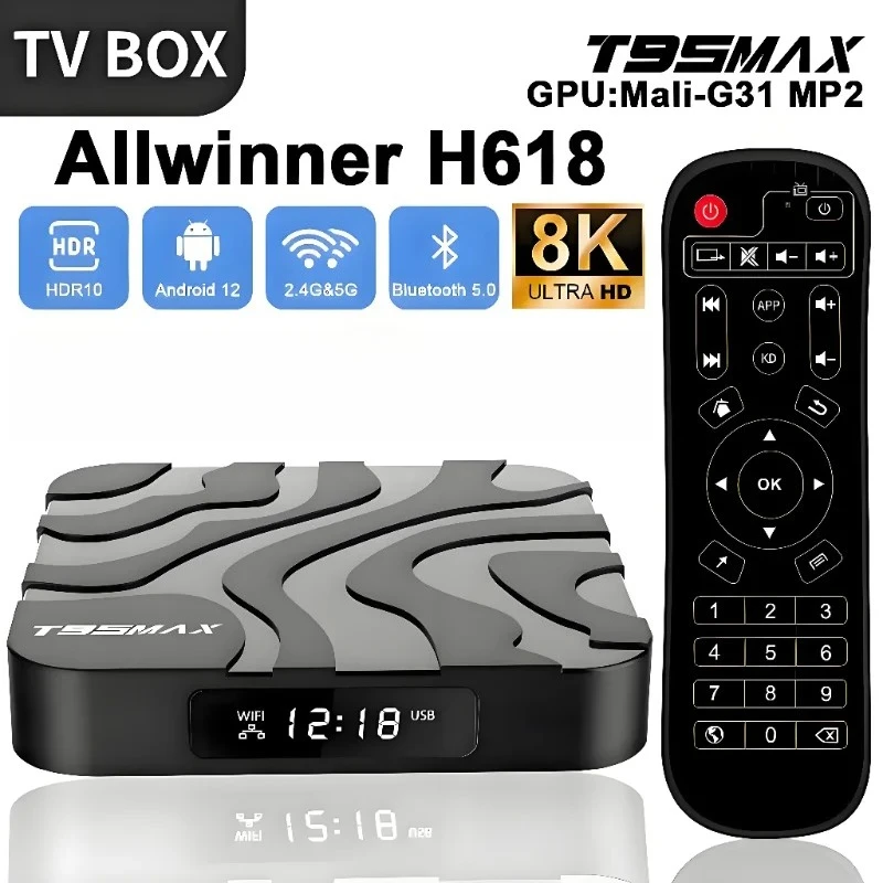 T95 Max Android12 TV Box 2GB 16GB Allwinner H618 رباعي النواة Dual Wifi 2.4G 5G & BT5.0 8K HDR مشغل الوسائط فك التشفير IPTV Google