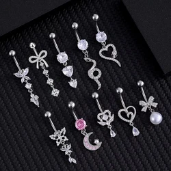 14G Long Dangled Belly Button Rings Stainless Steel Buttefly-Knot Heart Pearl Belly Piercing Nombril for Women Sexy Body Jewelry