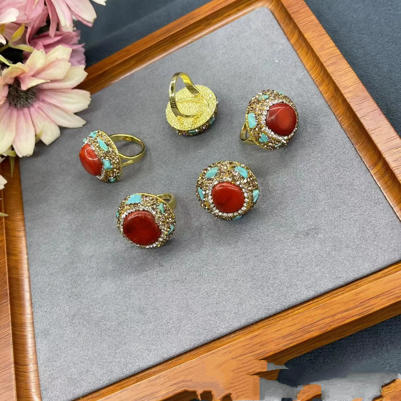 خاتم أحمر مرصع بالكريستال الفيروزي خواتم مفتوحة عرقية رائعة موضة النساء خاتم حلية مجوهرات اكسسوارات حفلات الزفاف هدايا #3