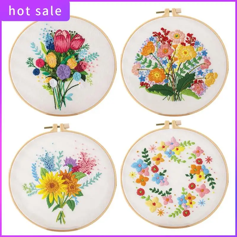 

4 Sets DIY Embroidery Set Kit For Beginners Adults , Hand Embroidery Set Kit Includes Flower, Hoop, Color Threads, Tools