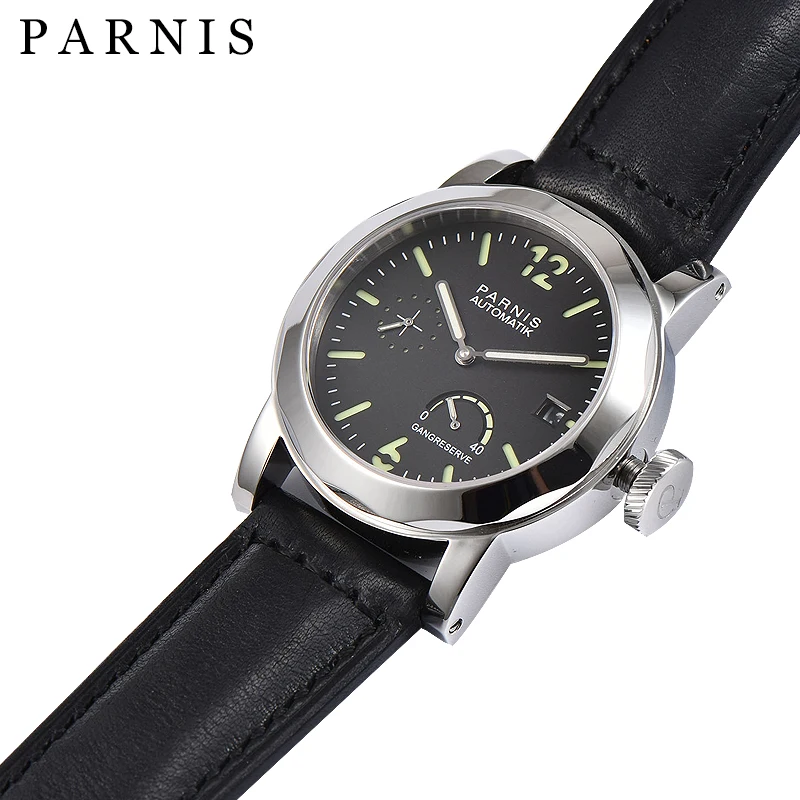 New Parnis 43MM Silver Case Mechanical Automatic Watches Men Leather Strap Power Reserve Calendar Waterproof Watch orologio uomo