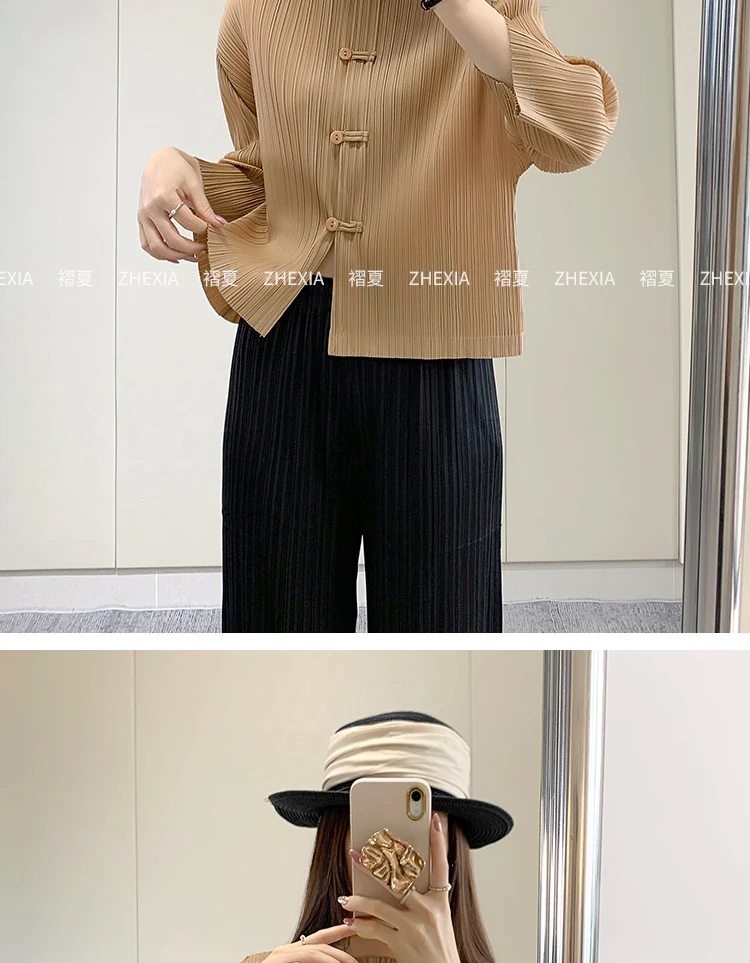 Miyake Plissee-Oberteil Damenjacke Herbst Retro Chinesischer Stil Hochwertiges Langarmhemd Chinesischer Stil Knopfleiste Elegantes Oberteil – Detail 7