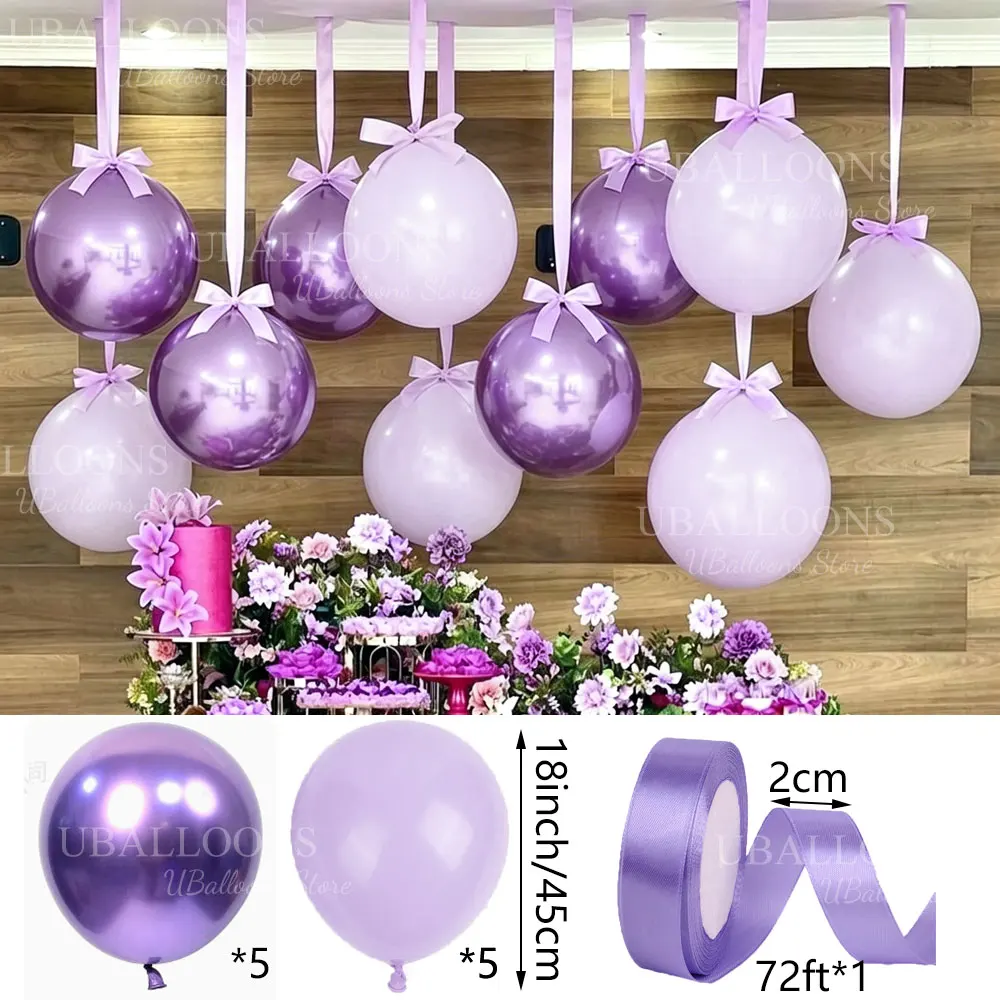 10 Stück 18'' Metallic Lila Luftballons mit Satinband, Hängende Hellpurpurne Ballons für Geburtstag, Hochzeit, Babyparty, Partydekoration – Detail 2