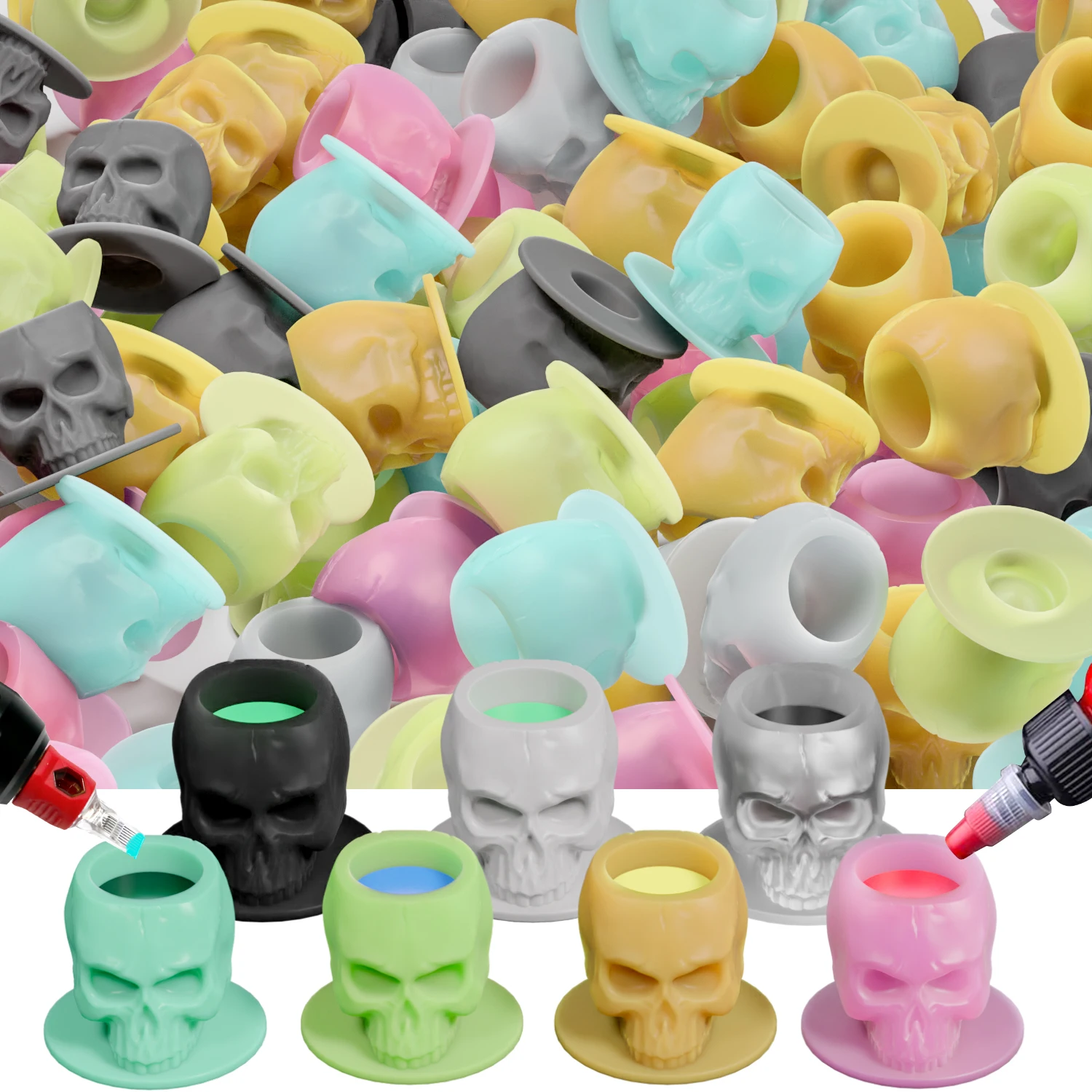 100Pcs Disposable Tattoo Silicone Skull Ink Cup Permanent Makeup Pigment Holder Container Cap Tattoo Ink Accessories for Artist
