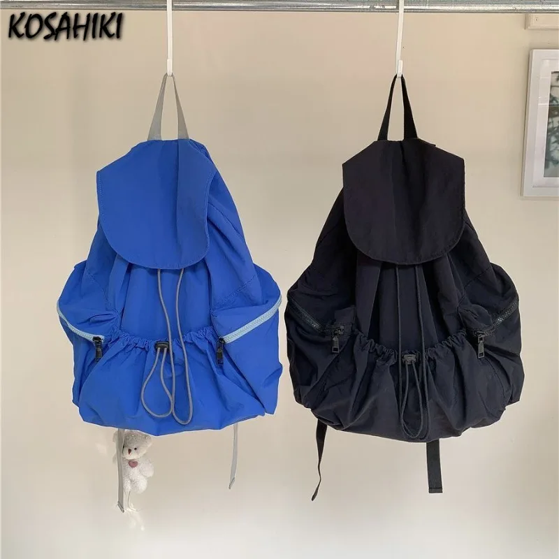 

Nylon Drawstring Pleated Backpack Women Trendy Vintage Casual Schoolbags Casual Travel Students Y2k Aesthetic Simple Backpacks