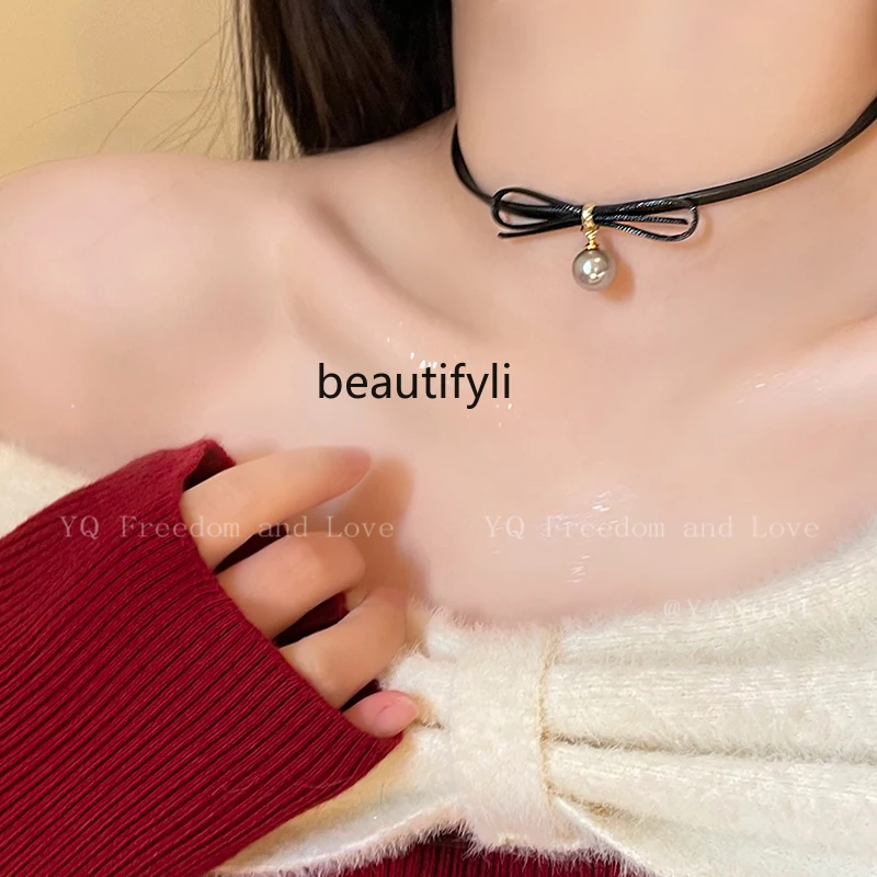 Bow Pearl Pendant Leather Necklace Collar Female All-Matching Graceful Clavicle Chain Neck Chain Neck Band Accessories