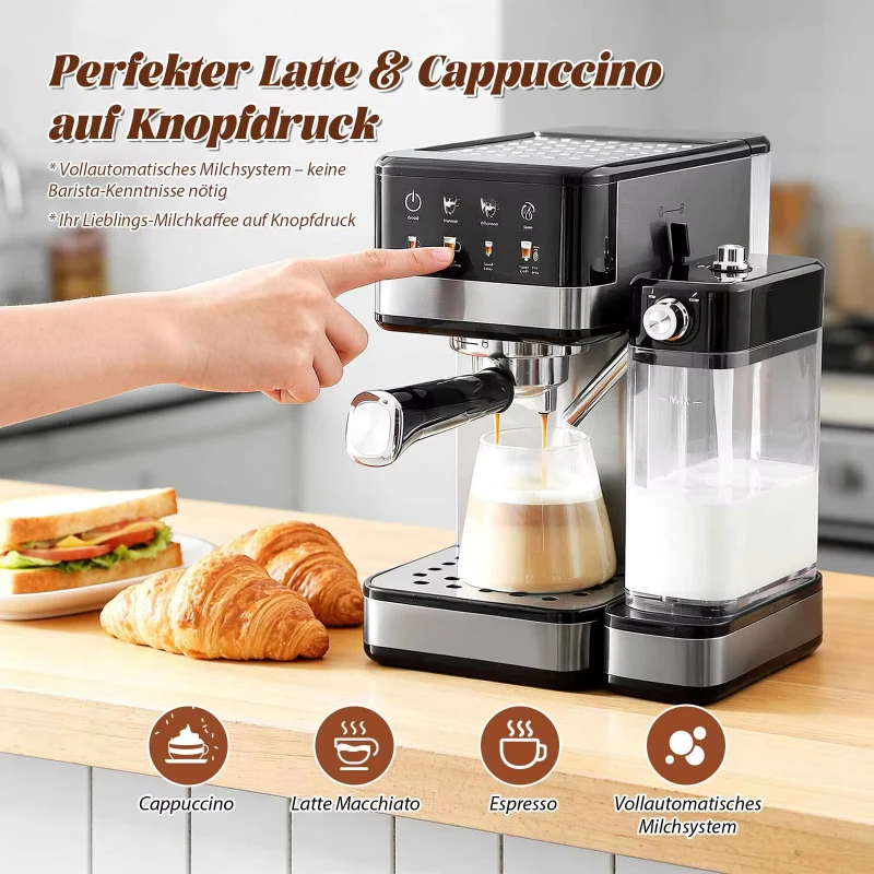 Automatische Espresso-Kaffeemaschine 20 Bar Pumpe Milchaufschäumer NTC Temperaturregelung Latte Cappuccino Maker Schwarz