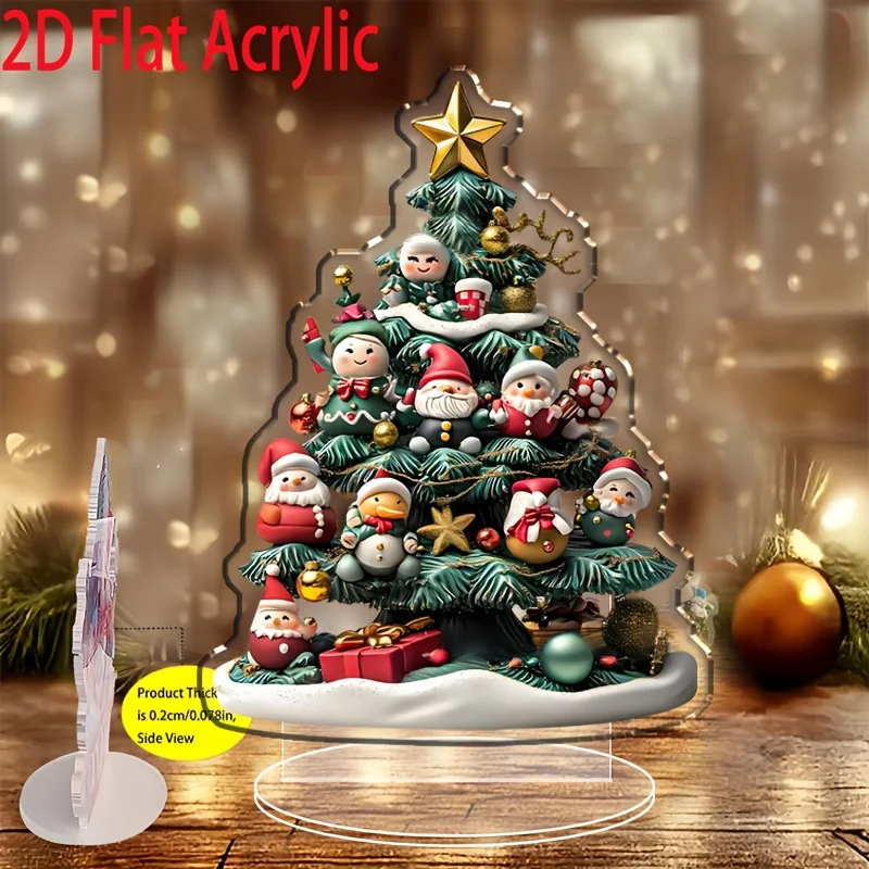 2D Flat, 2D Flat Acrylic Santa Claus Theme with Snow Branches, Mini Tree, and Ornaments, No Power Required, Suitable for Indoor/