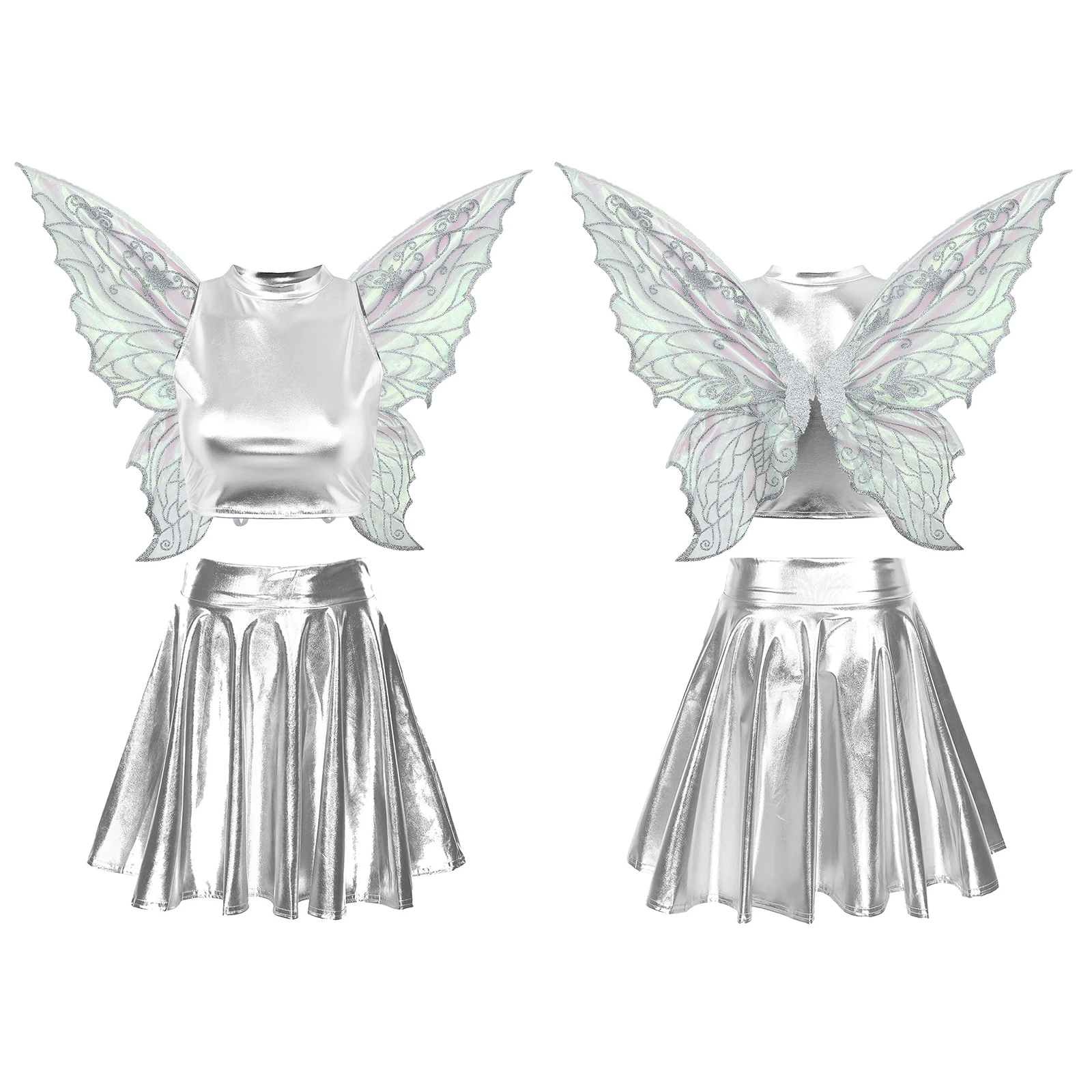 

Elegant Women Elf Fairy Cosplay Shiny Dress Costume Sleeveless Crop Top with High Waist Flared Skirt And Butterfly Wings Set