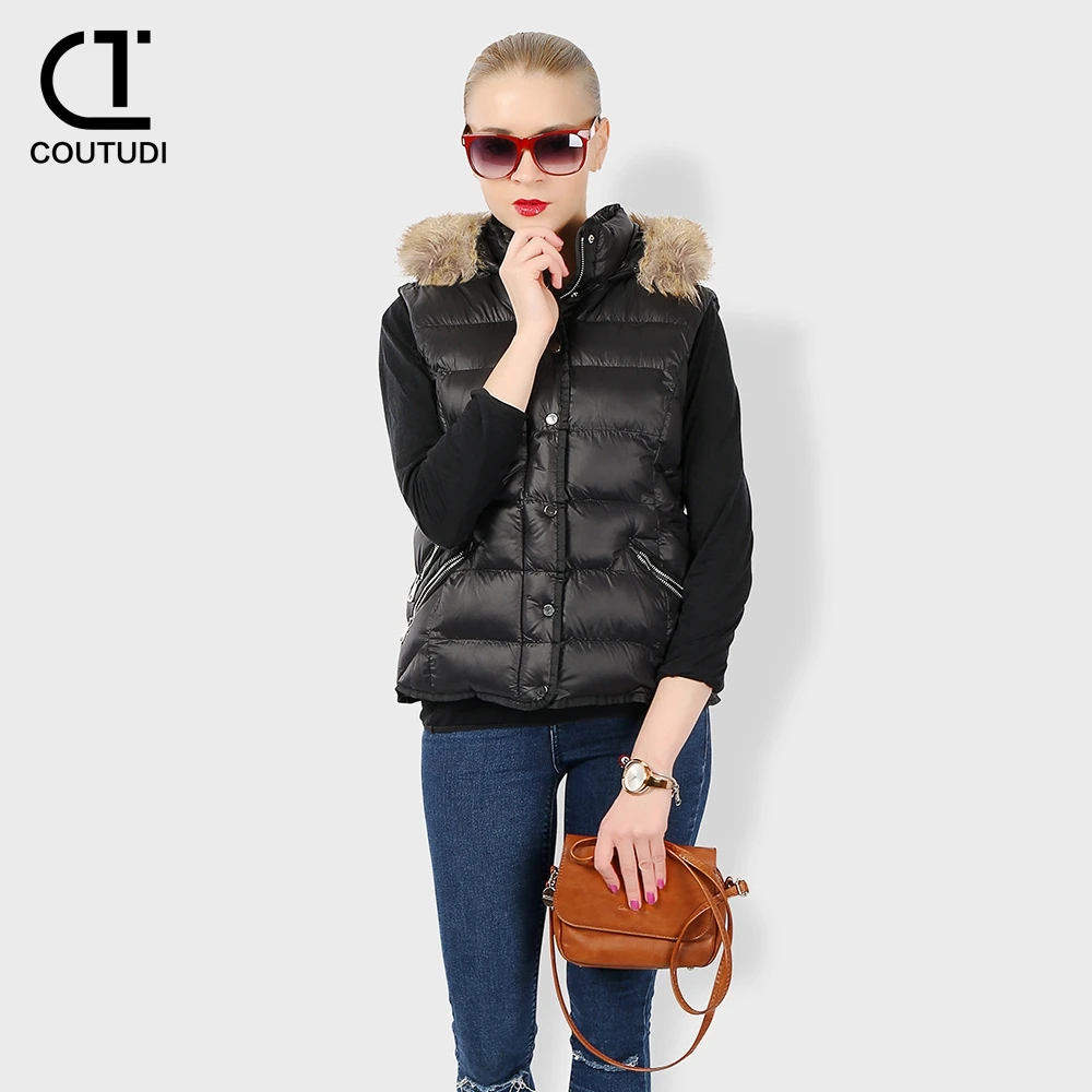 

COUTUDI-Women's Cotton Padded Puffer Vests, Coat with Fur Hooded, Sleeveless Parkas, Jacket, Casual Waistcoat, Female, Winter