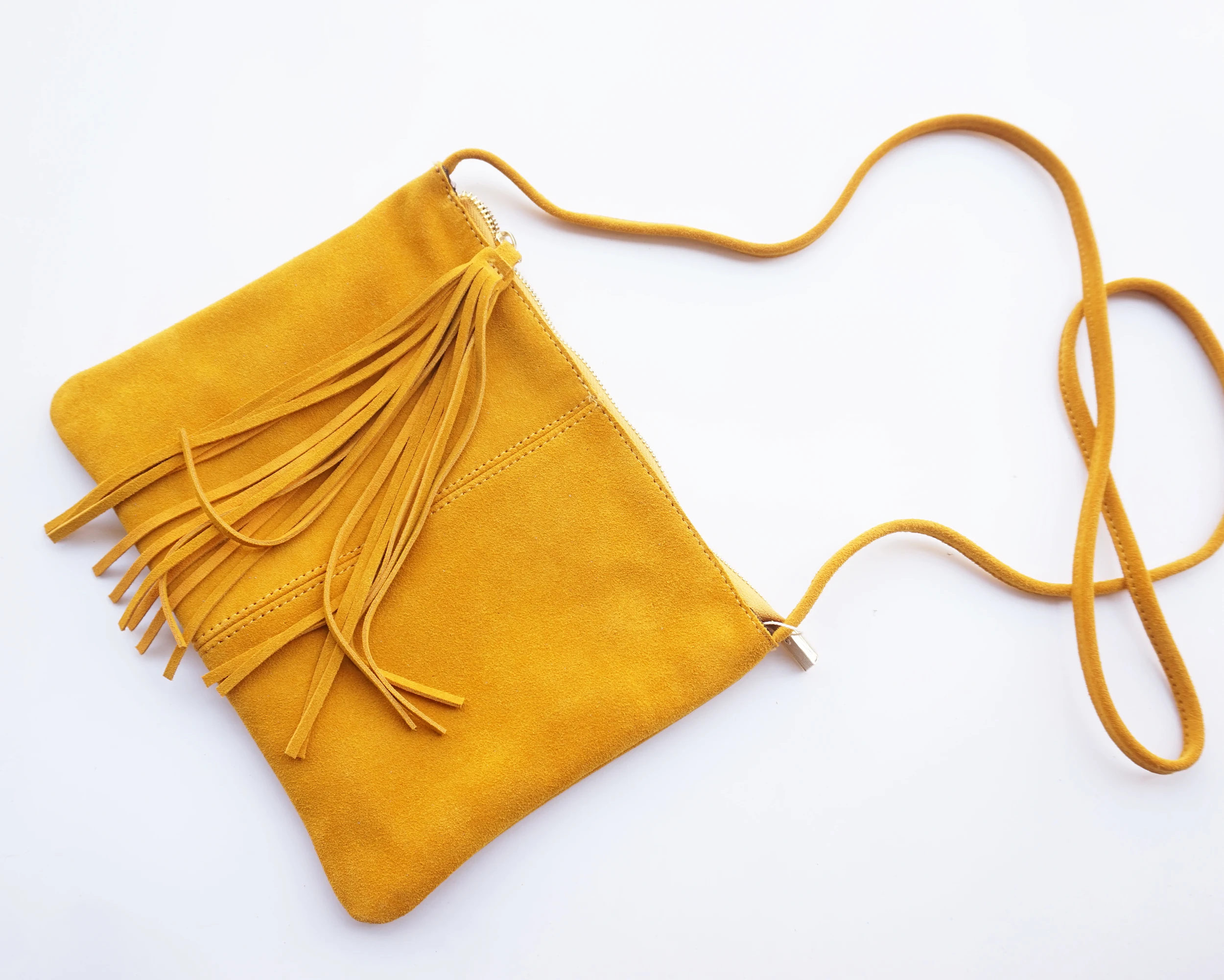 Suede Leather Fringed Shoulder Bag Female Envelope Small Crossbody Bag Women Nubuck Genuine Leather Mustard Clutch Sling Bag