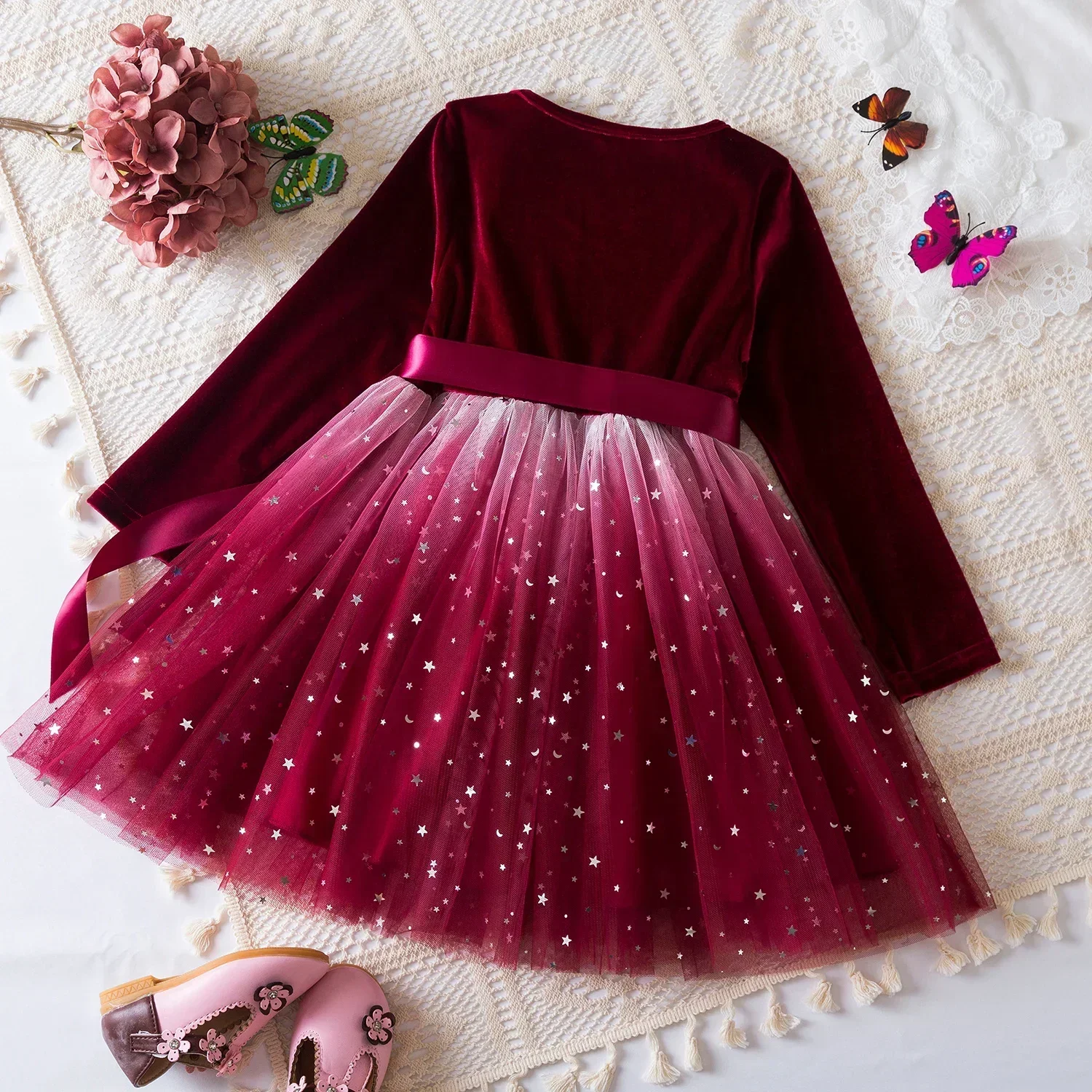 Sequins Princess Dress for Girls Autumn Winter Long Sleeve Bow Velvet Dress Baby Girl Warm Mesh Christmas Birtday Party Costumes