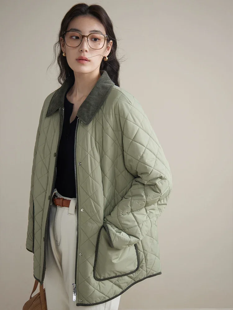 DUSHU Office Lady Gentle Retro Diamond Plaid Cotton Jacket Winter 2023 New Corduroy Lapel Windproof Placket Cotton Jacket