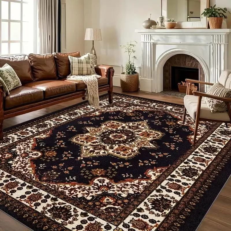 VIKAMA Vintage Persian-Style Rug, Non-Slip and Wear-Resistant Living Room Rug, American Vintage Fireplace Mat, Home Decor