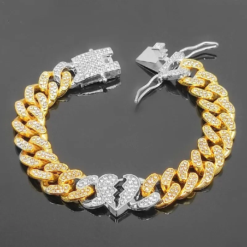Hip Hop Broken Heart Cham Jewelry 13mm Miami Curb Cuban Chain Anklet Bracelet Gold Silver 2tone Color Bling CZ Stone Iced Out