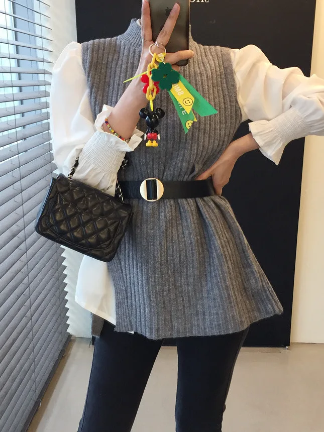 Chic Versatile di media lunghezza irt Dr con cintura in vita e colletto più gilet asimmetrico lavorato a maglia Set da due pezzi per donna