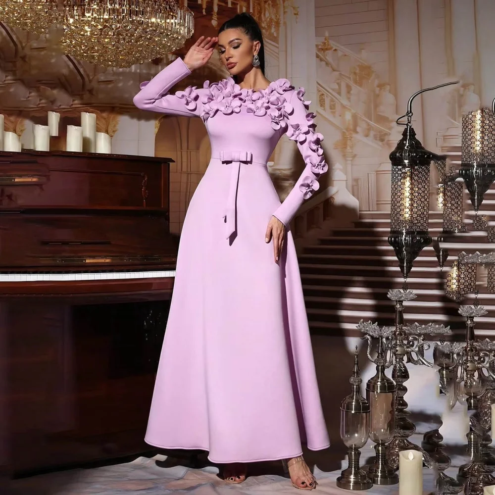 

Customized Exquisite Long Sleeve Flower Evening Dress Charming Applique Prom Dress Sexy O Neck Satin Party Gown вечернее плат