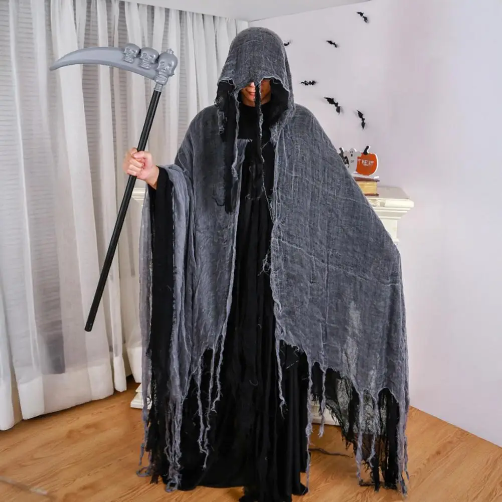 

Medieval Renaissance Wizard Cape Halloween Hooded Cloak Adult Grim Reaper Cosplay Costume with Scythe for Haunted House Props