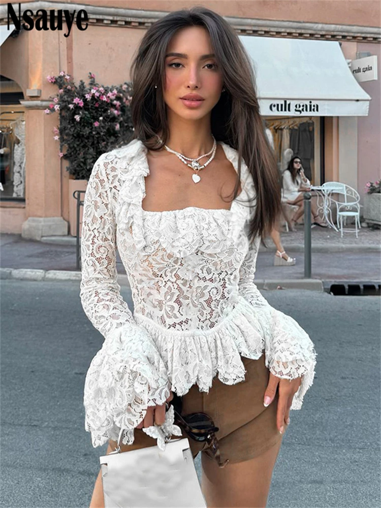 Nsauye Sexy Women Fashion Mesh Lace Hollow Out Chic Slim T Shirt Crop Tops Ruffles Club Elegant Long Sleeve Blouse Shirt 2024