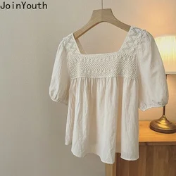 Summer Blouse Women Square Collar Short Sleeve Loose Shirts 2023 Blusas De Mujer Vintage Loose Blouses Hollow Out Korean Tops