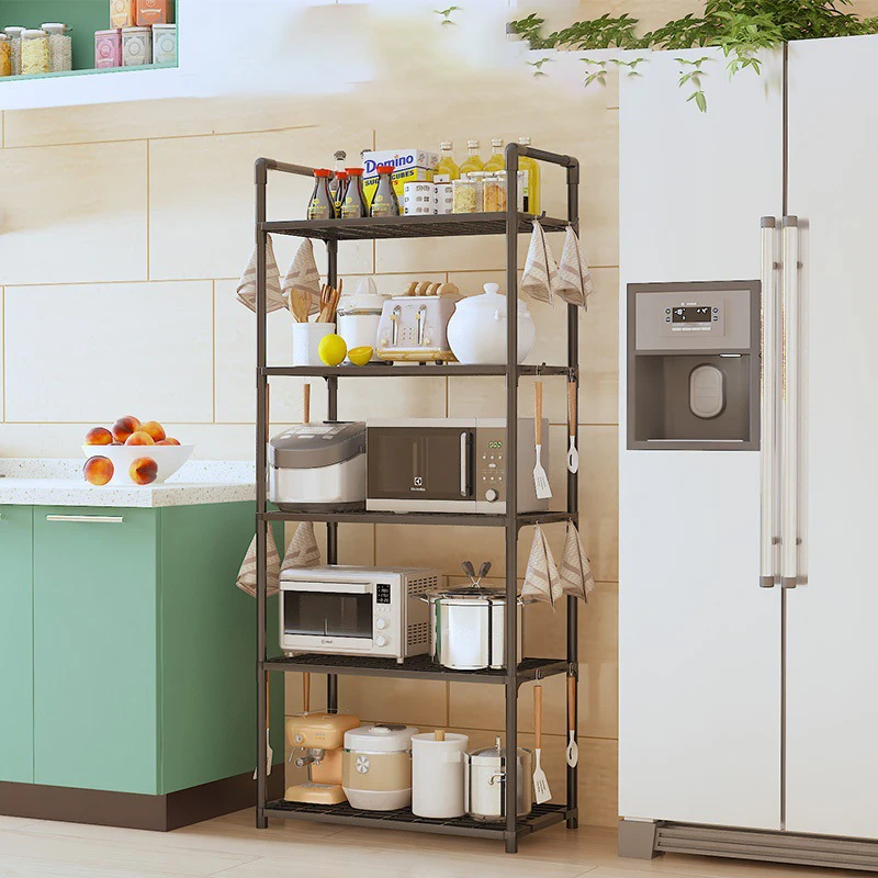 Heavy-Duty 5-Tier Large Adjustable Telescopic Microwave Stand - 2 Colors Available, Sturdy Metal Floor Stand with Upper and Lower Shelves, Space-Saving Microwave Top Shelf and Small Appliance Storage, Oven Rack for Cookware, Bookshelf, Bathroom Multi-Purpose Storage Rack - Easy-To-Assemble Kitchen Organizer