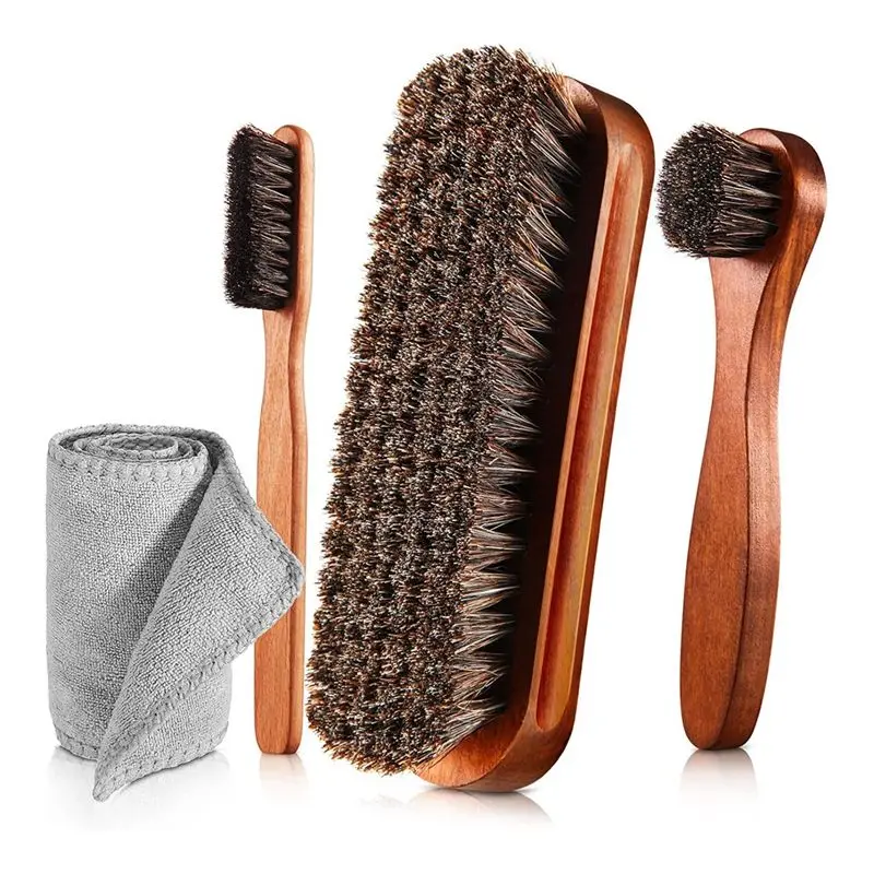 AB08-4 Pcs Horsehair Shine Shoes Brush Kit Polish Dauber Applicators Cleaning Leather Shoes Boots Care Brushes Cleaner Brush