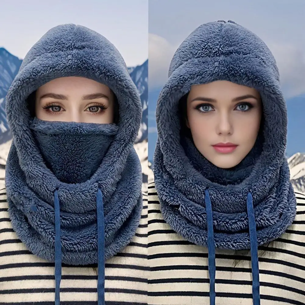 Women Riding Headgear Solid Color Adjustable Drawstring Face Guard Headgear Fall Winter Thickened Warm Plush Hat
