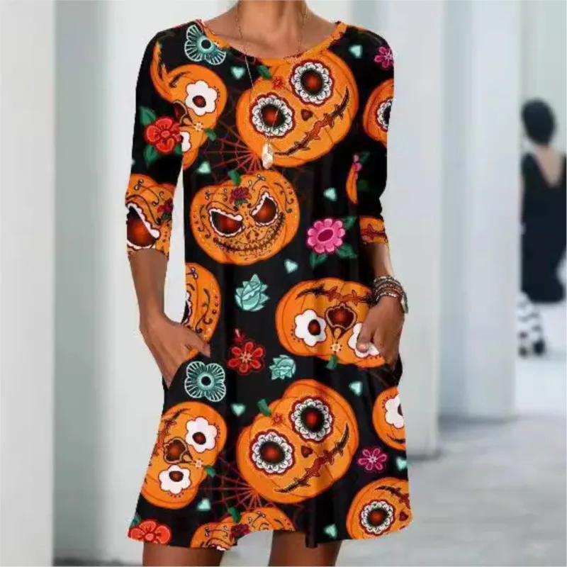 Halloween-printjurken Dames casual T-shirtjurk met lange mouwen Dames midi-jurk Vakantiefeestjurken met zak Vestidos