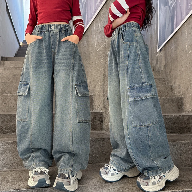 

Child Vintage Jeans Trousers Kids Cargo Jeans With Pockets High Quality Pants For Teenage Girls Korean Style Street Casual Denim