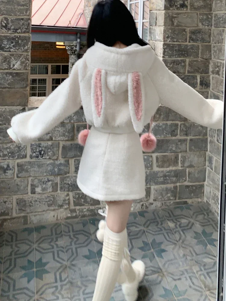 Japanese Kawaii Lolita Two Piece Set Women Wool Korean Sweet Skirt Female Winter 2024 Long Sleeve Hooded Coat + Party Mini Skirt