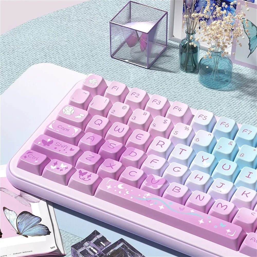 Purple Butterfly Theme MDA Keycaps PBT Personalized Custom Heat Sublimation for 60/84/98/108 Mechanical Keyboards