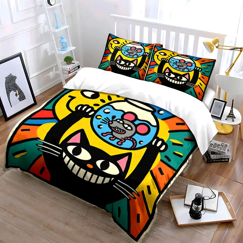 Black cat and mouse in fishbowl artwork Print Bedding Set 1 Duvet Cover 2 Pillowcases for Adult and Children Luxury Gift