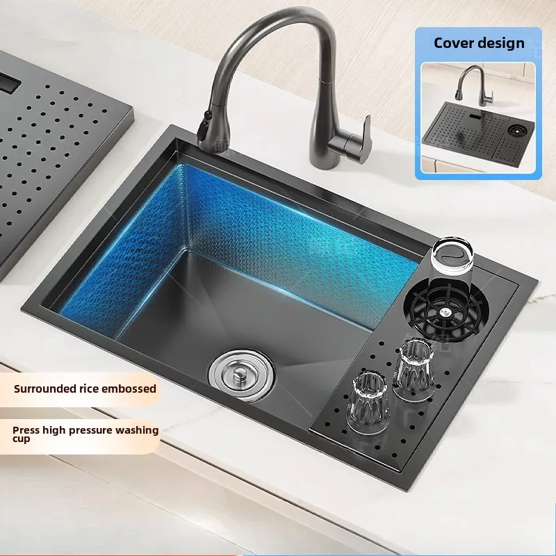 Handmade Single Sink with Cover, Small Size 304 Stainless Steel Nano Black Water Basin for Kitchen Countertop