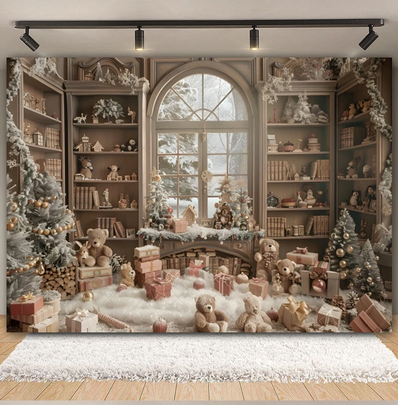 クリスマスのおもちゃのクマの写真の背景,ギフトルーム,暖炉,クリスマスツリーの鐘,木製の本棚の花輪,写真スタジオ