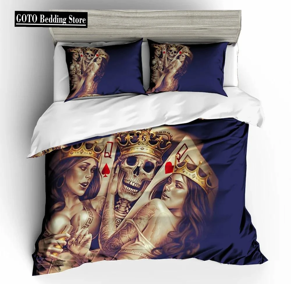 Quilt Cover Sexy Poker Girl Skull King Bedding Set Western Halloween Duvet Cover Sets Home Textile CalifKing Bed Set Dropship