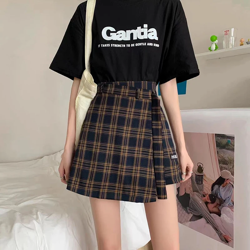 Fashion Printed Lace Up Plaid Irregular Fake Two Pieces Shorts Female Clothing 2024 Summer Loose Casual Zipper High Waist Shorts