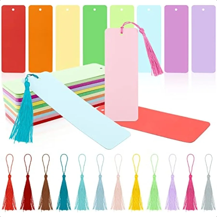 

100 Pack Blank Color Bookmarks Cardstock with 100 Pcs Colorful Tassels Craft DIY Paper Bookmarks for DIY Craft Projects and Gif