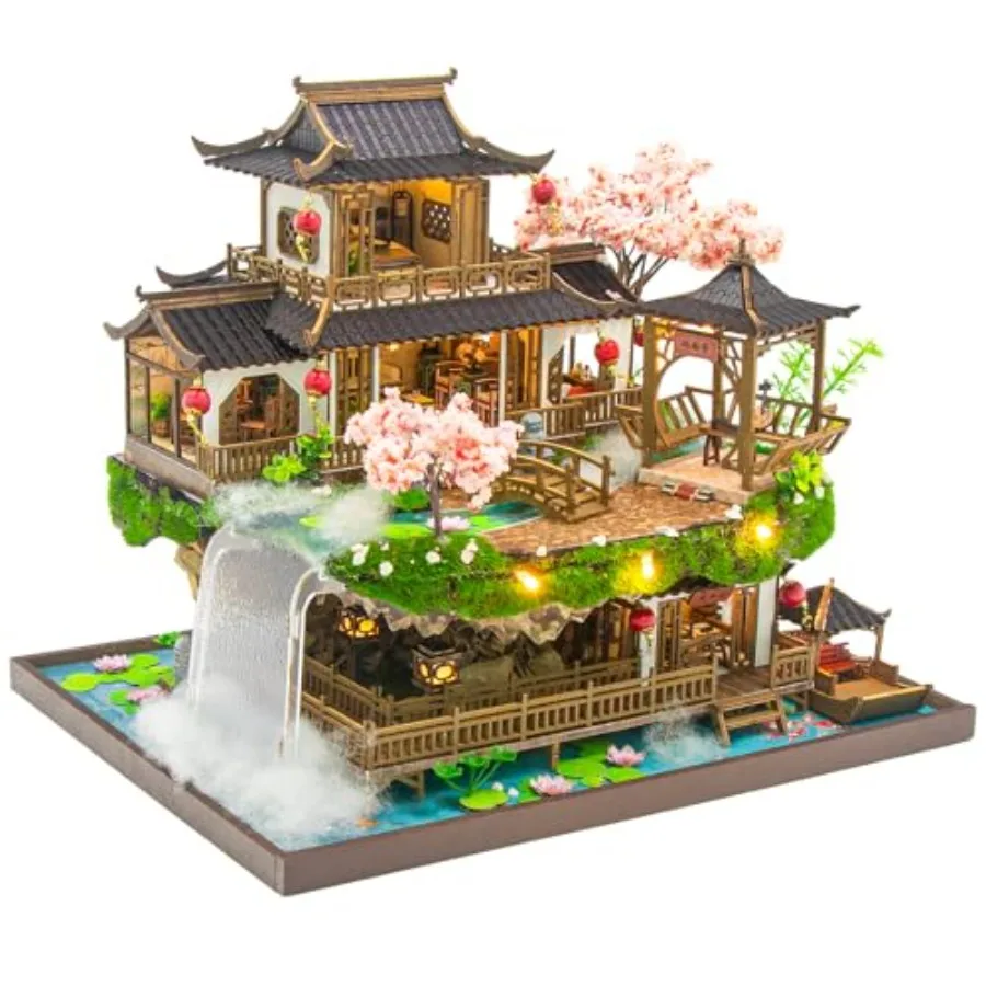

Bookshelf decoration kit: wooden miniature house with music box, pastel pink finish, creative DIY assembly for adults