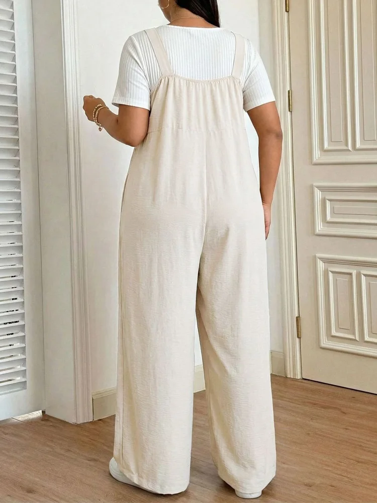 GIBSIE Plus Size Solid Pleated Overall Jumpsuit Women Summer Sleeveless Vacation Casual Loose One Piece Female Wide Leg Jumpsuit