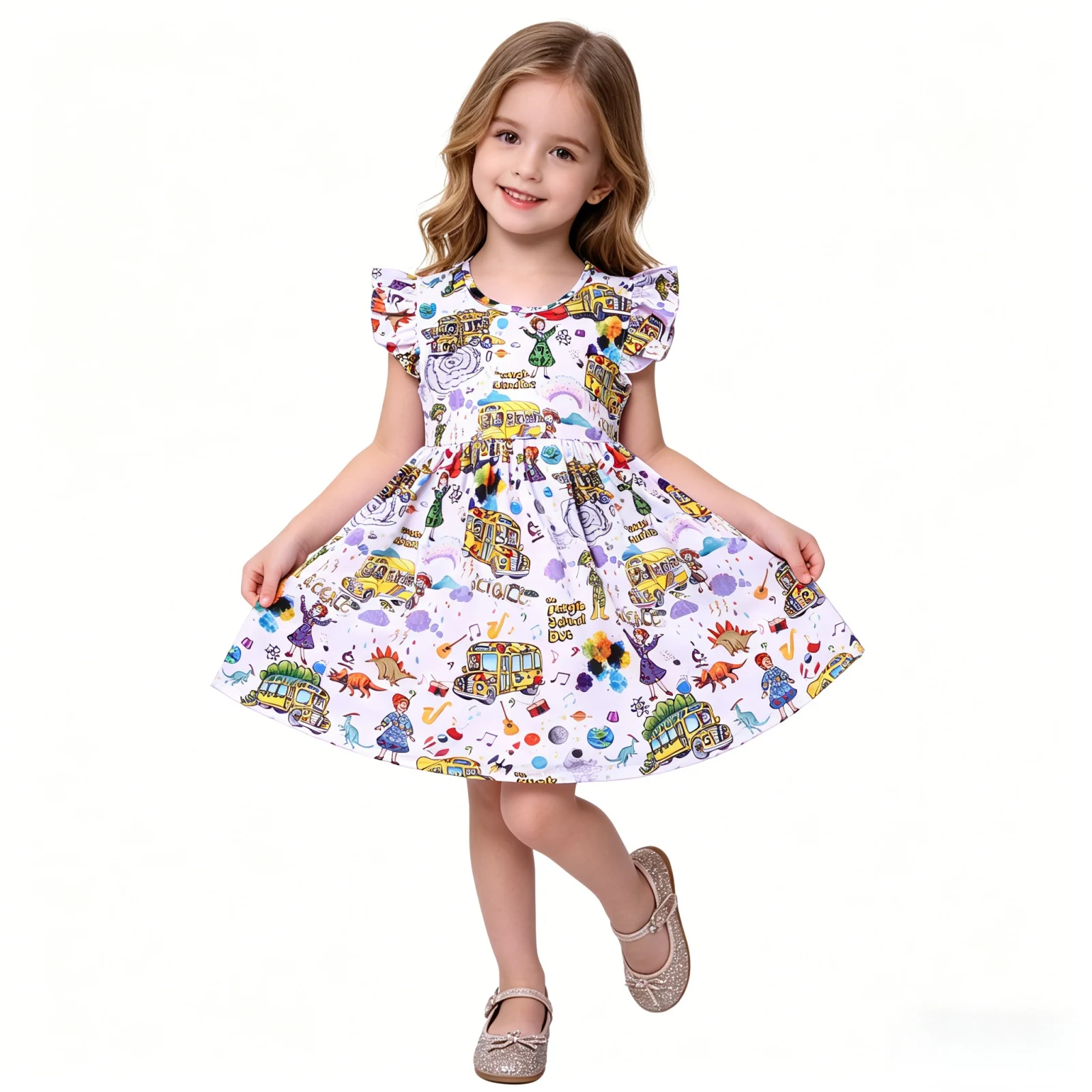 Toddler Girls Fall Back to School Dress Cartoon Magic Cars Printed School Dress Flutter Sleeve Soft Milksilk Dresses Wholesales