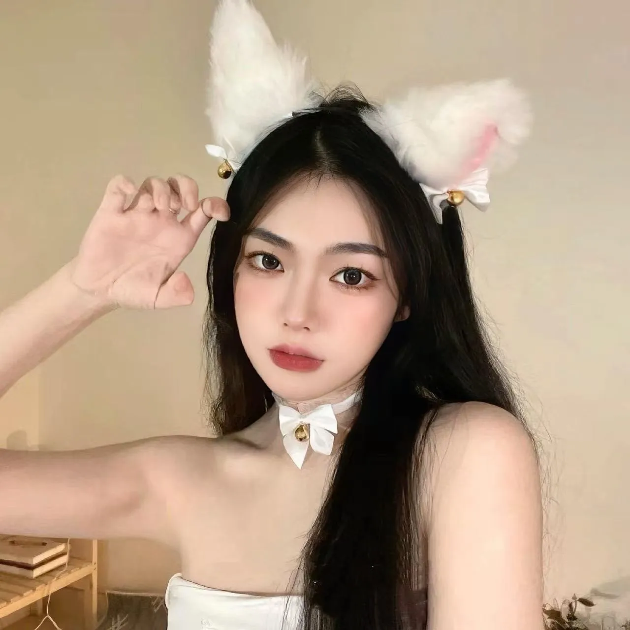 Animal Ear Headband Choker Set Cat Bunny Hair Clip with Bell Adjustable Hairband Cosplay Accessories Cute Anime Gift for Women