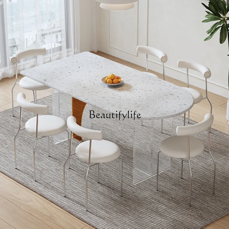 Cream wind rectangular dining table terrazzo dining table acrylic suspended rock plate dining table