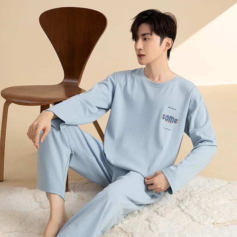 2PCS/Set Men Pajamas Autumn Spring Cotton Sleepwear Long Sleeve Pyjamas Male Home Suit L-3XL lounge set  pyjama homme Freeship