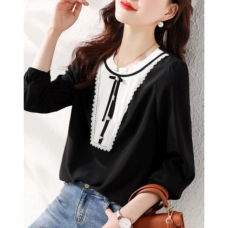 

Fashion O-Neck Spliced Lace Beading Bow Blouses Women's Clothing 2024 Autumn Winter Loose Casual Pullovers Commuter Shirts E113