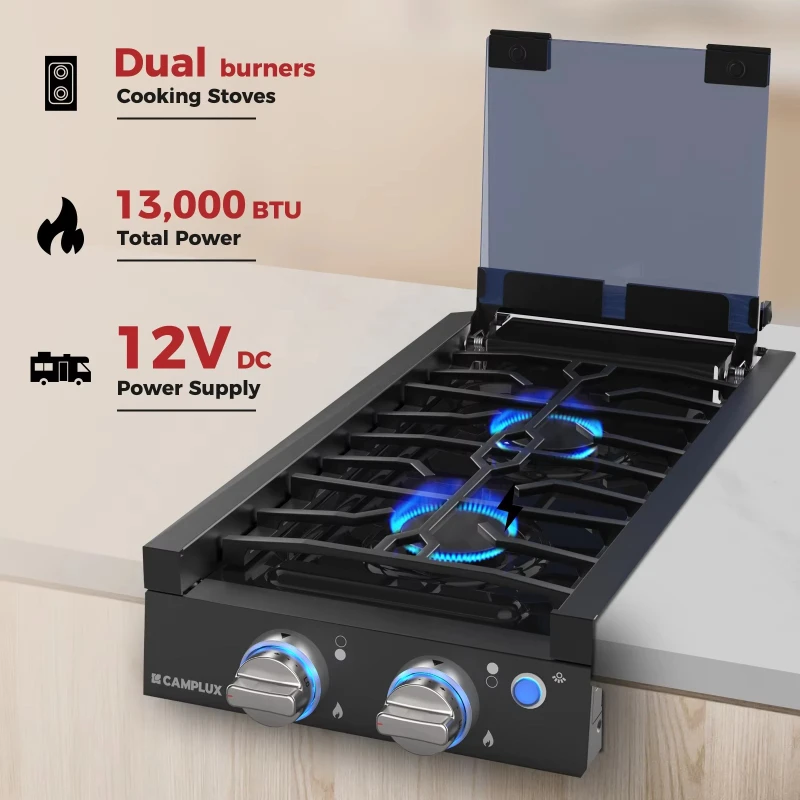 

Built-in stove with tempered glass cover and blue flame indicator