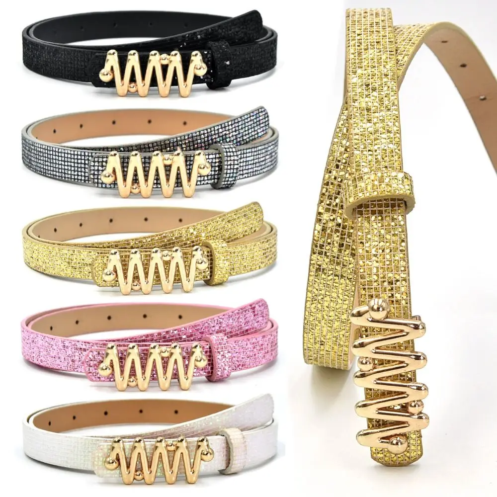 

Bling Bling Sparkling Rhinestone Belt Versatile Glitter W-shaped Buckle Belt Vintage Luxury Brand Design PU Leather Belt